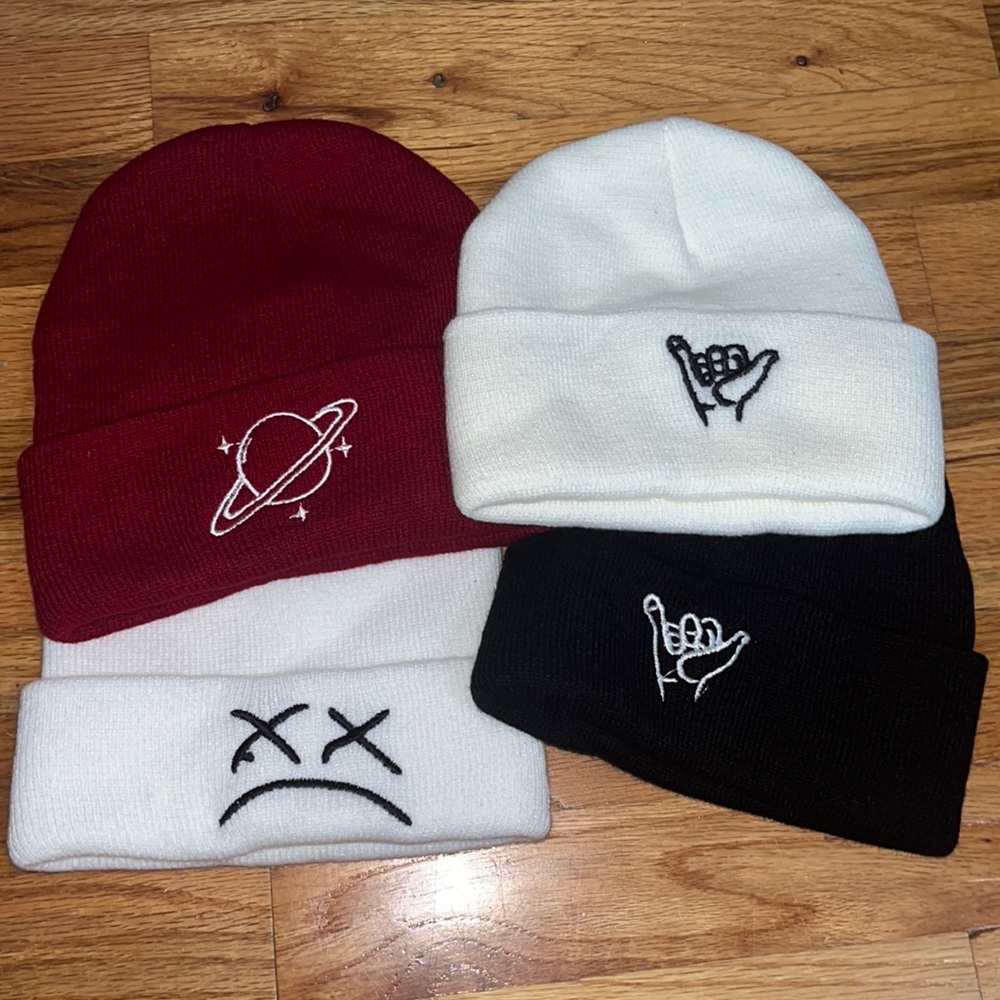 4 Beanies (Red/burgundy, white X2, and black)